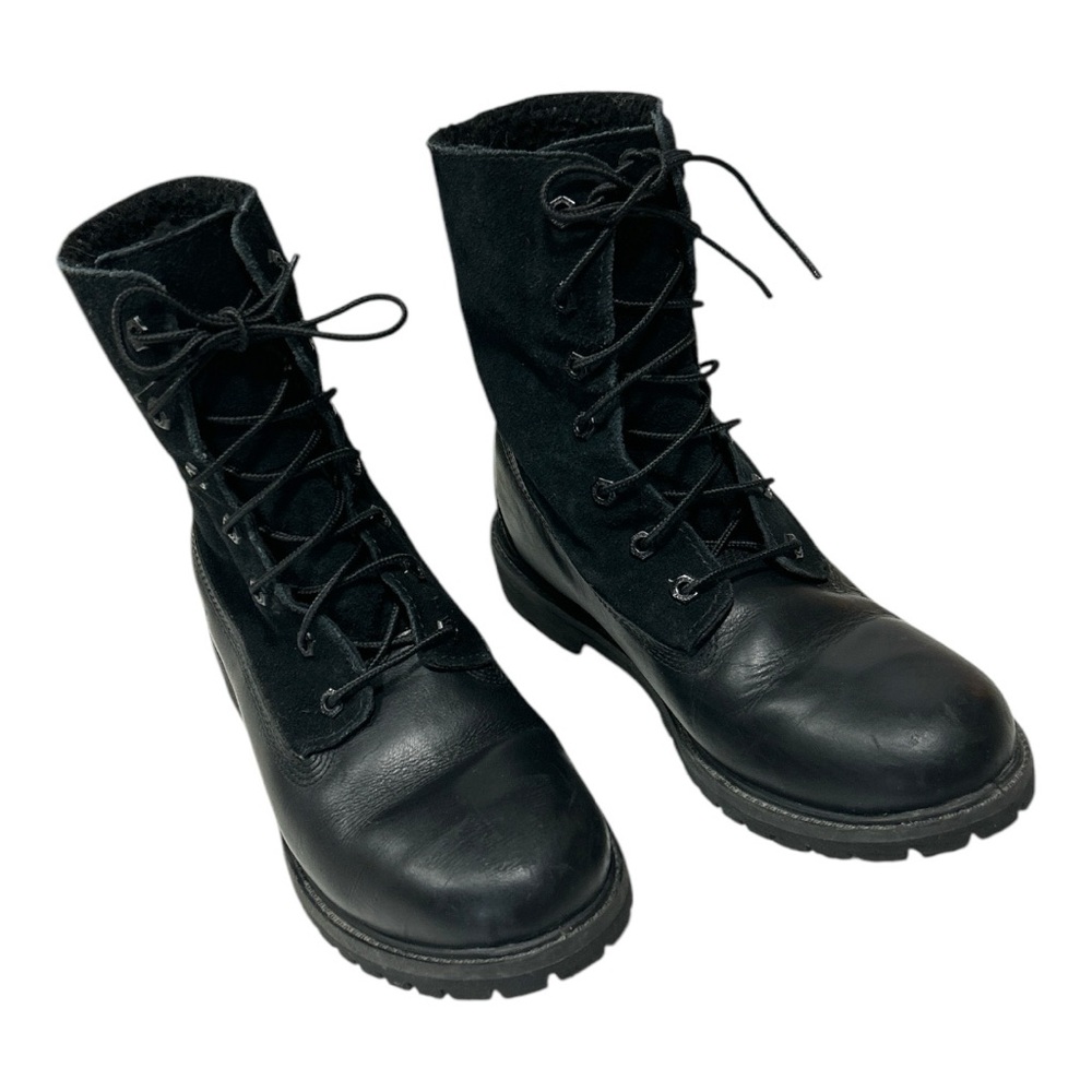 Timberland Black Leather Teddy Fleece Waterproof Fold Down Boots Lace Up Sz 9 - Picture 11 of 16